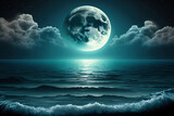 This photo illustration of a nighttime ocean and sky with a full moon would make an excellent travel background for any trip or vacation. Generative AI