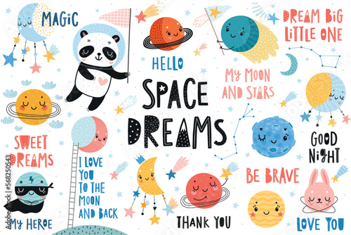 Space collection, childish hand drawn elements - moon, stars and planets.