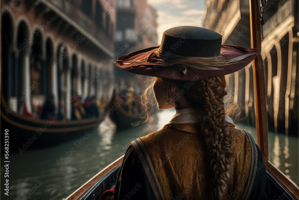 woman in a gondola rides in Venice, travel in Italy, Generative AI