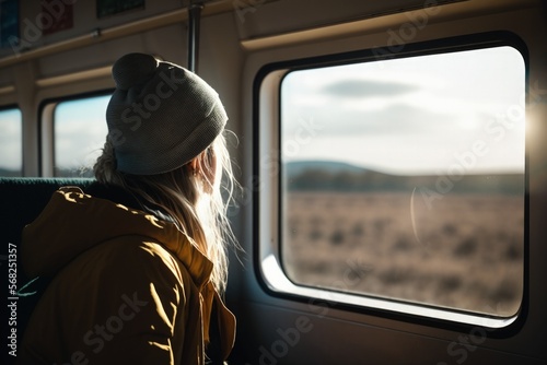 Woman on a train looking through the window, travel concept, chasing her dreams, generative AI © ThisDesign