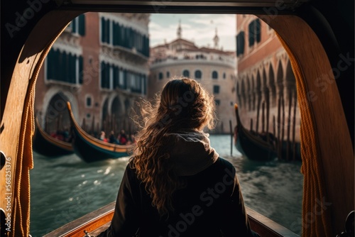 woman in a gondola rides in Venice, travel in Italy, Generative AI © ThisDesign