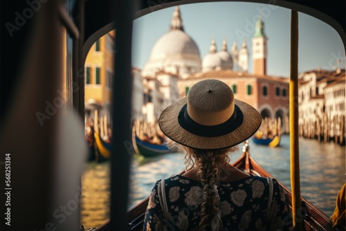 woman in a gondola rides in Venice, travel in Italy, Generative AI © ThisDesign