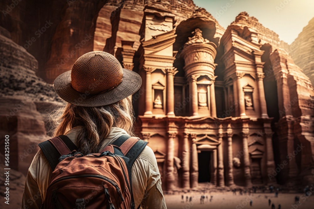 Woman hicking in Petra, Jordan, ancient city, Generative AI