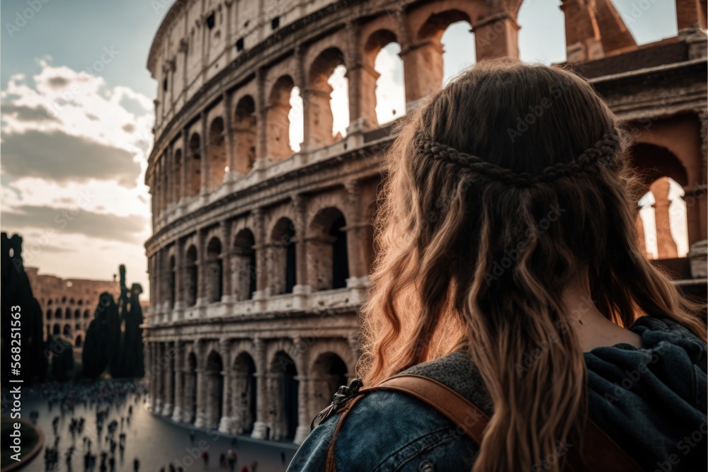 Woman traveler in Colliseum, hicking in Rome, tourism in Italy, Generative AI