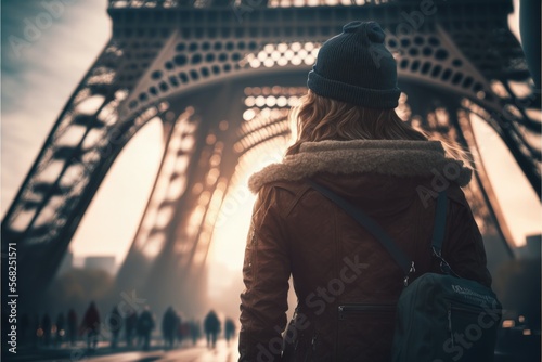 woman looking Eiffel tower, Paris, traveler in France, Generative AI