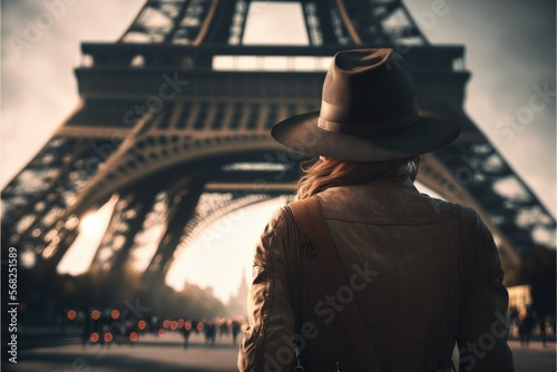 woman looking Eiffel tower, Paris, traveler in France, Generative AI