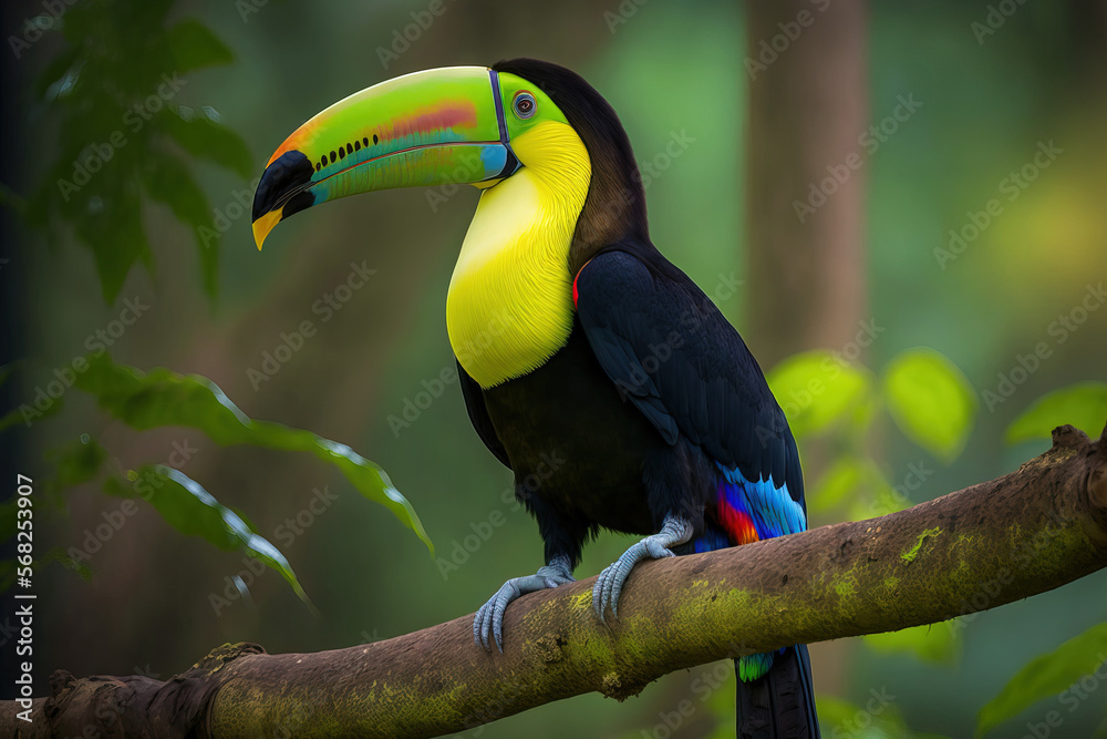Naklejka premium Keel billed Toucan, Ramphastos sulfuratus, large billed bird, Boca Tapada, Costa Rica, perched on a branch in the forest. Central American travel to natural areas. Generative AI
