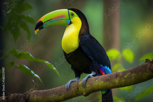 Keel billed Toucan, Ramphastos sulfuratus, large billed bird, Boca Tapada, Costa Rica, perched on a branch in the forest. Central American travel to natural areas. Generative AI photo
