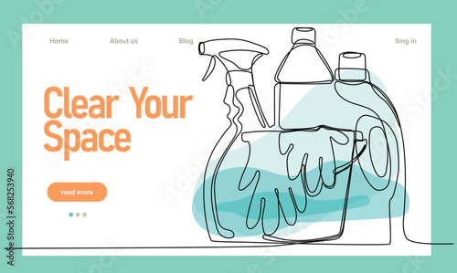 Home cleaning service landing page design concept, illustration of janitors with cleaning tools. Vector illustration