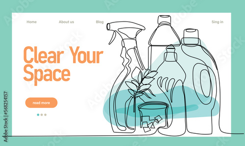 Home cleaning service landing page design concept, illustration of janitors with cleaning tools. Vector illustration