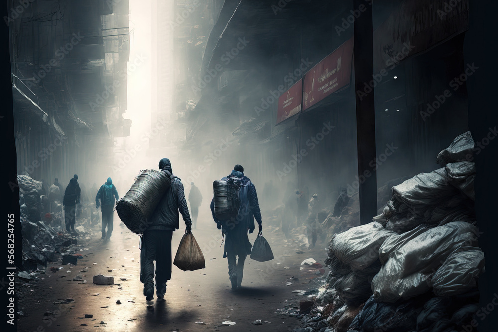 Street pollution Unidentified pedestrians trudging among trash in filthy, polluted streets as trash and plastics fly across the city pavement. Generative AI