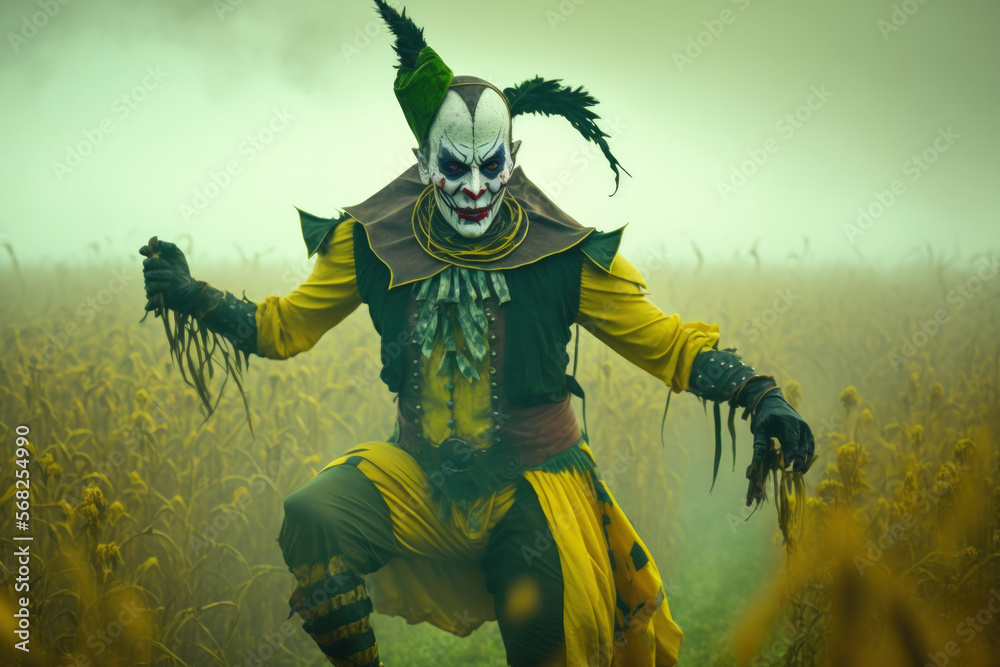 Halloween. Evil harlequin on a foggy, lush field of rapeseed. frightening outfit. Knife wielding evil clown. Concept of horror and fear. Harlequin dancing is eerie. October carnival Stock-illustration | Adobe
