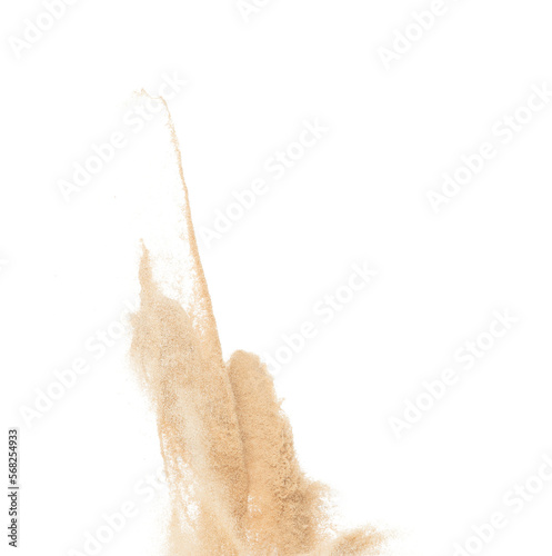 Small Fine size Sand flying explosion, Golden grain wave explode. Abstract cloud fly. Yellow colored sand splash throwing in Air. White background Isolated high speed shutter, throwing freeze stop © Jade