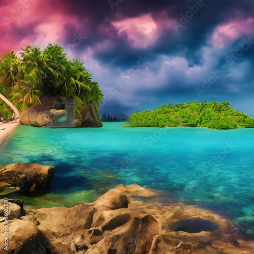 Tropical paradise colorful beautiful cartoon art blue lagoon