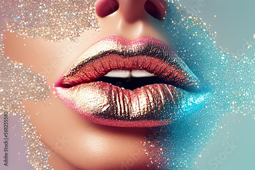 Fashion Portet Plump female lips  PINK GOLD SPARGLY GLOSSS on  sparkly background Pop art beauty cosmetics Close up Generative AI photo