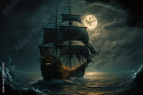 painting while sailing the Flying Dutchman, a ghostly pirate ship, on the open seas during a full moon. Generative AI