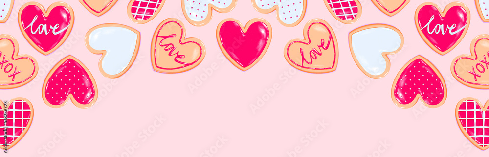 Valentine's Day banner - heart shaped cookie assortment with red white icing decoration designs. Sweet dessert love baked goods illustration. valentine's graphic resource for newsletter, blog, social Valentine's Day banner - heart shaped cookie assortment with red white icing decoration designs. Sweet dessert love baked goods illustration. valentine's graphic resource for newsletter, blog, social