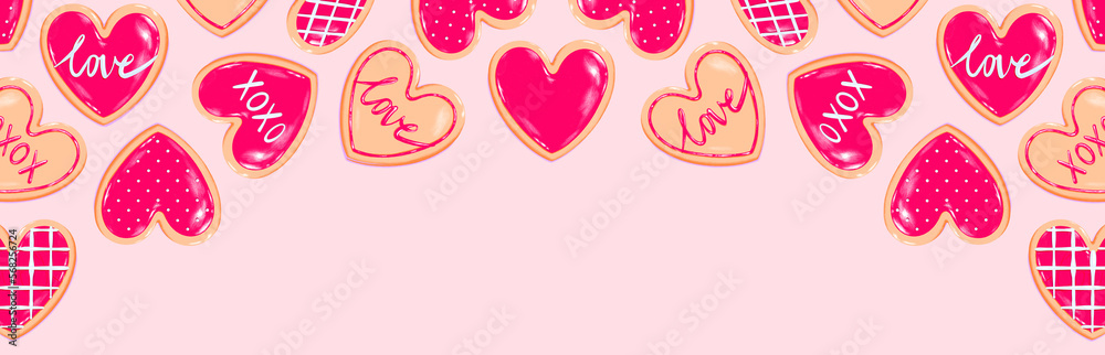 © Sophie Alp - Valentine's Day banner - heart shaped cookie assortment with red icing decoration designs. Sweet dessert love baked goods illustration. valentine's graphic resource for newsletter, blog, social