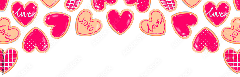 Valentine's Day banner - heart cookies red white icing. Sweet dessert love baked goods illustration - transparent background png design | valentine's graphic resource for newsletter, blog, social Valentine's Day banner - heart cookies red white icing. Sweet dessert love baked goods illustration - transparent background png design | valentine's graphic resource for newsletter, blog, social