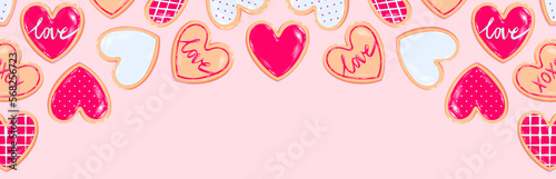 Valentine's Day banner - heart shaped cookie assortment with red white icing decoration designs. Sweet dessert love baked goods illustration. valentine's graphic resource for newsletter, blog, social