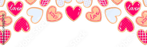 Valentine's Day banner - heart cookies red white icing drawing. Sweet dessert love baked goods illustration - transparent background png valentine's graphic resource for newsletter, blog, social