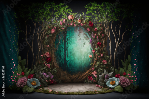 Display Stage Platform with Natural Floral Foliage and Leaves Background Generative Ai