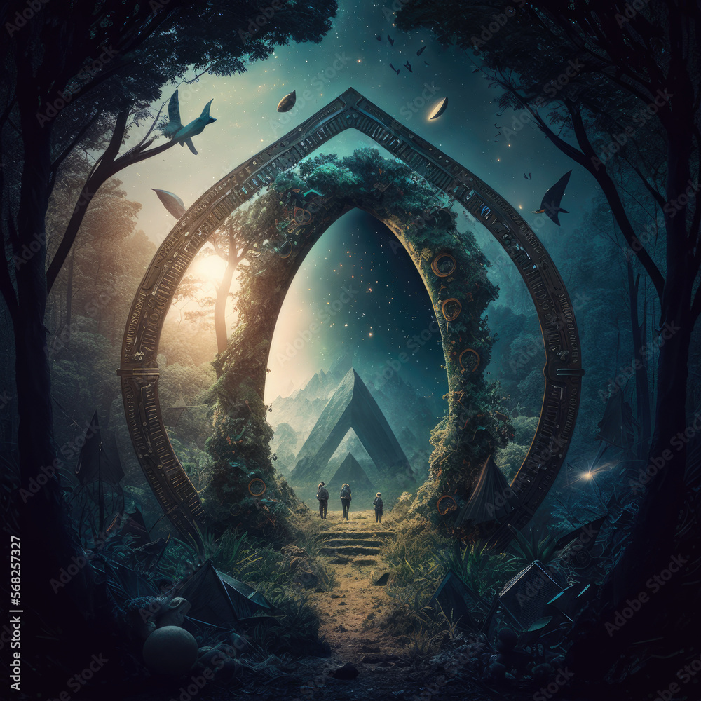 Portals in the forest with three people walking through. Portals in the forest with three people walking through.