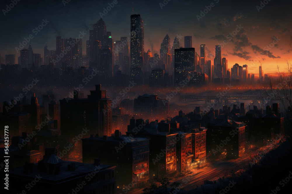 Fototapeta premium At nightfall, a contemporary metropolitan skyline with buildings can be seen. Generative AI