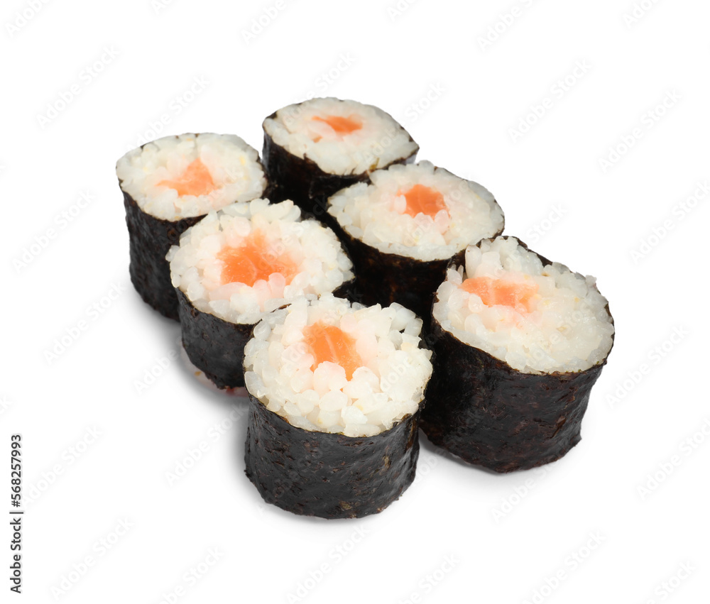Delicious fresh sushi rolls on white background Delicious fresh sushi rolls on white background