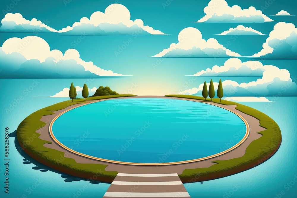 Round asphalt road platform by the lake, with a sky blue background. Generative AI