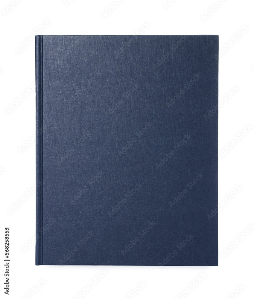 Closed book with blue hard cover isolated on white