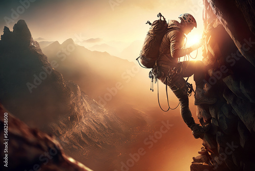 Billede på lærred Man climbs up mountain, climber on rock wall at sunset, generative AI