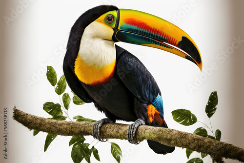 On a white, isolated background, a toucan bird is perched on a branch. Generative AI © 2rogan