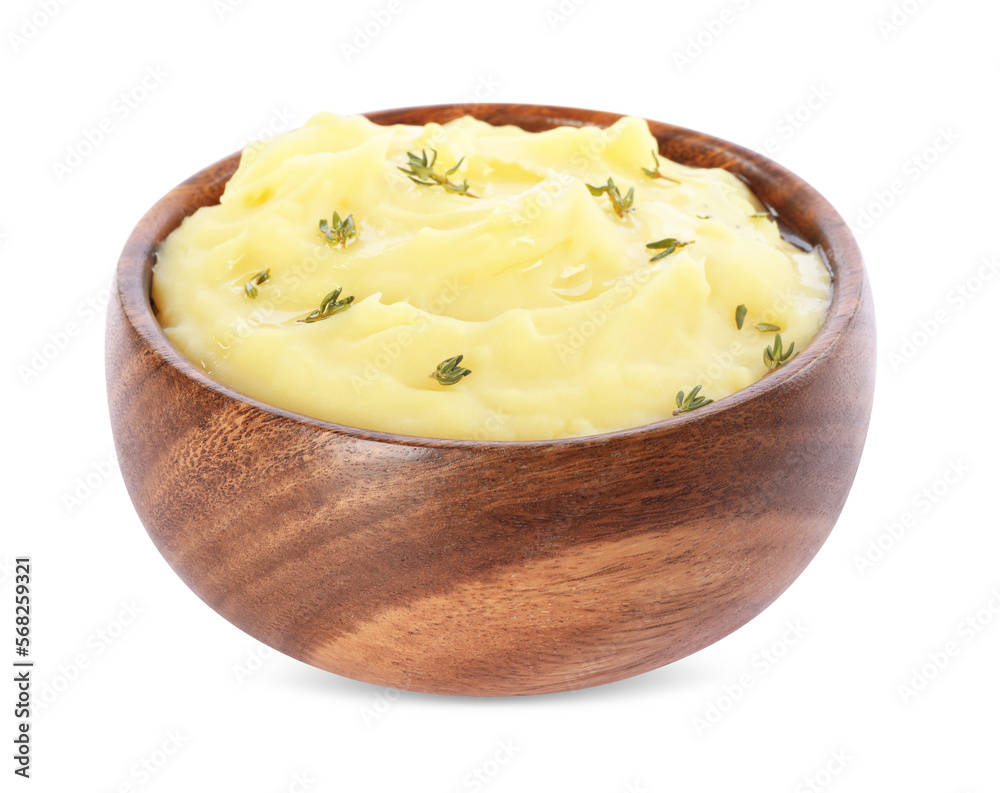 Bowl of delicious mashed potato with thyme isolated on white Bowl of delicious mashed potato with thyme isolated on white