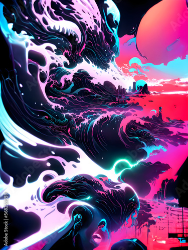 Neo Seaside Wave - Neon Ink Illustration, Generative AI
