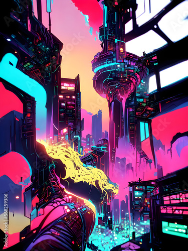 Neo CyberPunk Tower - Neon Ink Illustration, Futuristic city in neon style, Generative AI