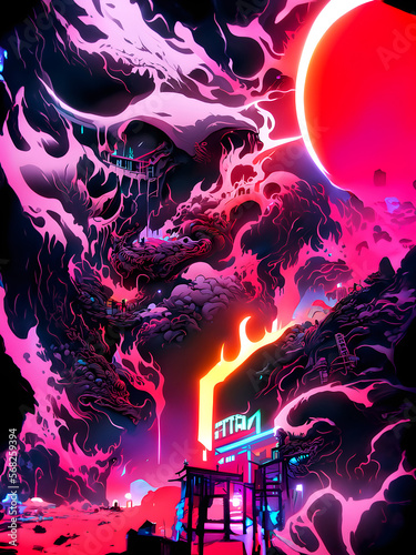 Red Sun - Neon Ink Illustration, Fantasy landscape with fire and an alien planet, Generative AI
