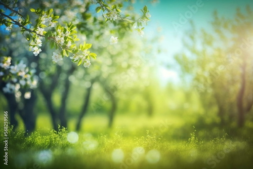 beautiful blurred spring background nature with bloomin, generative AI, spring, season, warmer weather, flowers, blooming, growth