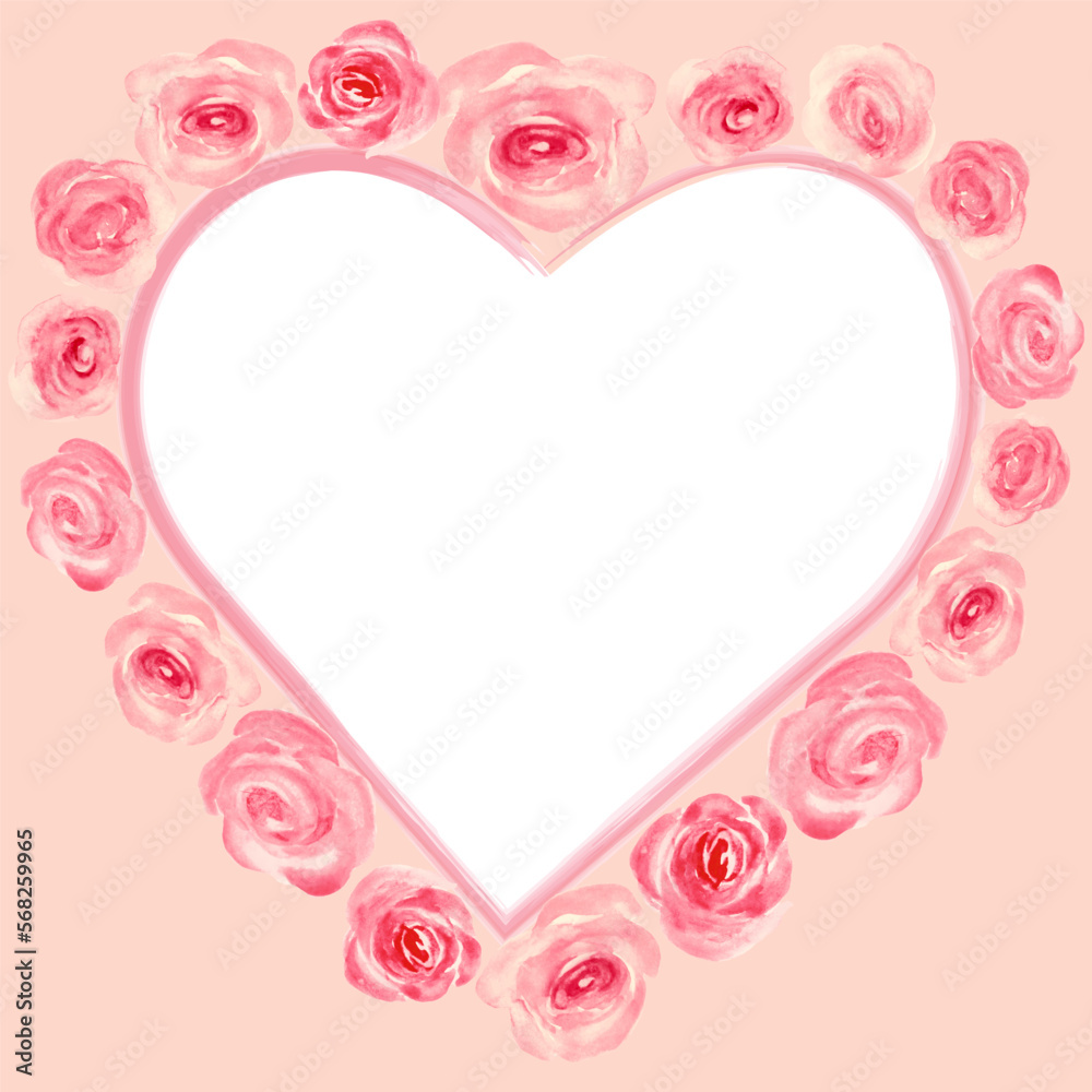 Watercolor floral  heart frame with red painted pink roses.  Hand drawn illustration. Design for Valentine's day, mother's day, invitation, wedding or greeting cards. Vector EPS.