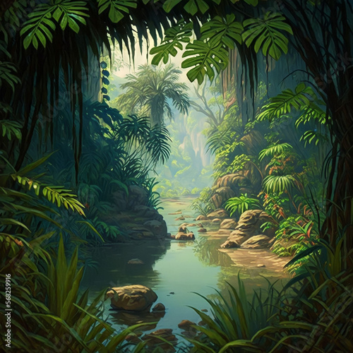 Beautiful Jungle background  illustration  painting. Generative AI