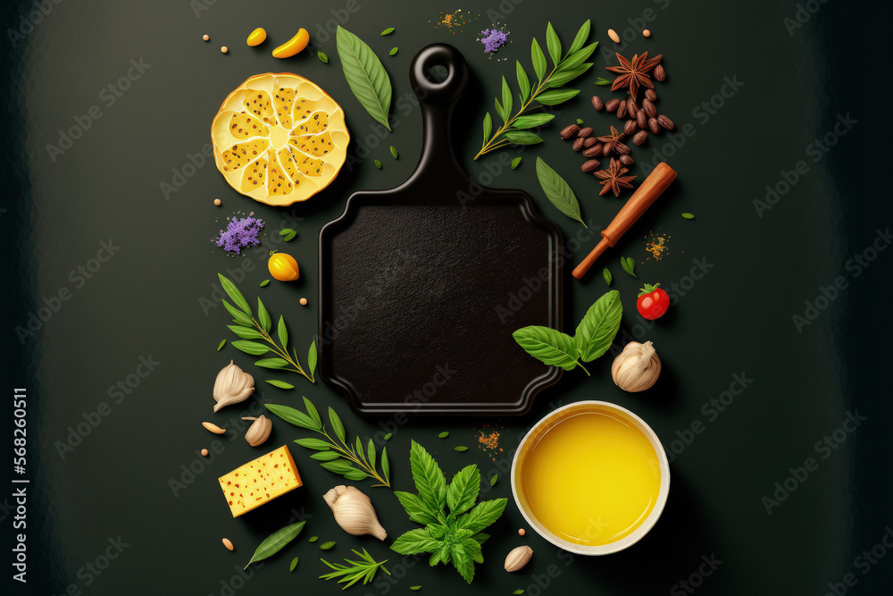Food background with free space for text. Herbs, olive oil, spices around cast iron frying board. Top view. Generative AI