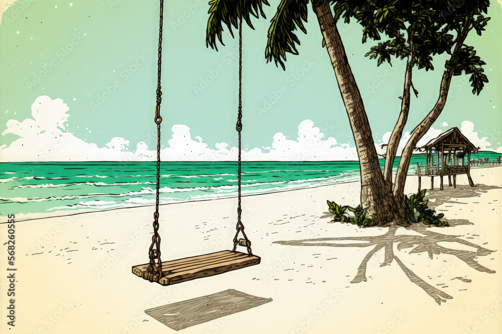a simple swing fastened to some coconut palms. On Panglao Island, Bohol, Philippines' Dumaluan Beach. Generative AI