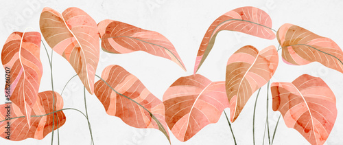 Abstract art background with leaves of tropical plants in pink color in a watercolor style. Botanical banner for decoration design, print, wallpaper, textile, interior, packaging.