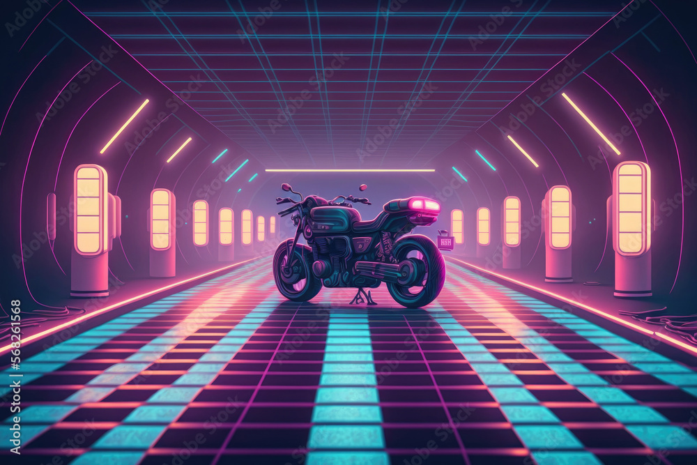 biker cyberpunk a grid patterned floor with an 80s arcade videogame to ...