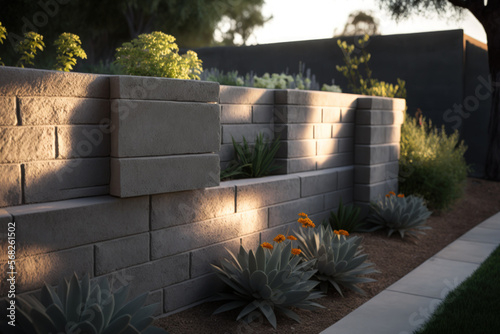 Early morning sunshine illuminates a two tiered, gray concrete block retaining wall. Generative AI photo