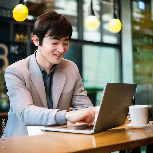 Asian American professional male is teleworking with laptop at coffee shop. Made with generative AI.	