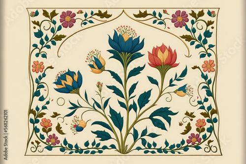 mughal art flower banch botanical theme and ethnic border motif. Generative AI photo