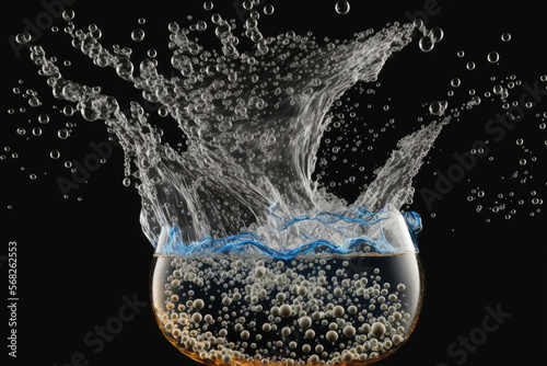 Images of soda water splashing in the water with a black background and numerous tiny bubbles that give it a refreshing feeling. Generative AI