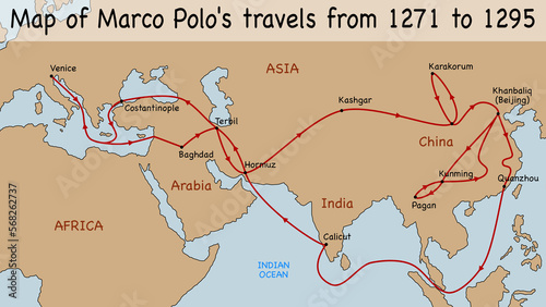 Map of Marco Polo's travels from 1271 to 1295 photo