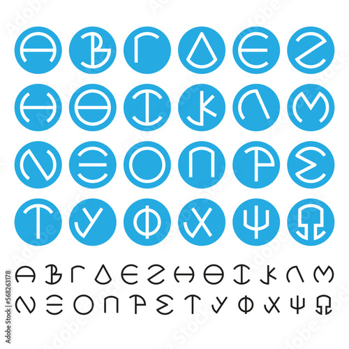 Greek alphabet letters, line character in circle, font set, isolated on white background, vector illustration.